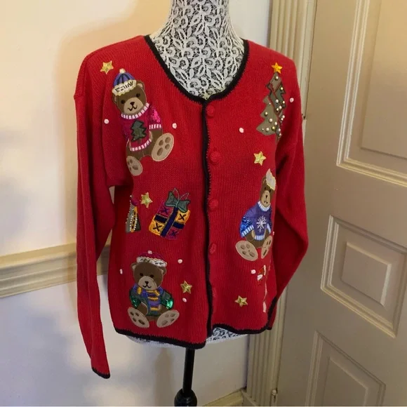 Vintage Nutcracker Red Christmas Bears Cardigan SZ L - Picture 9 of 15